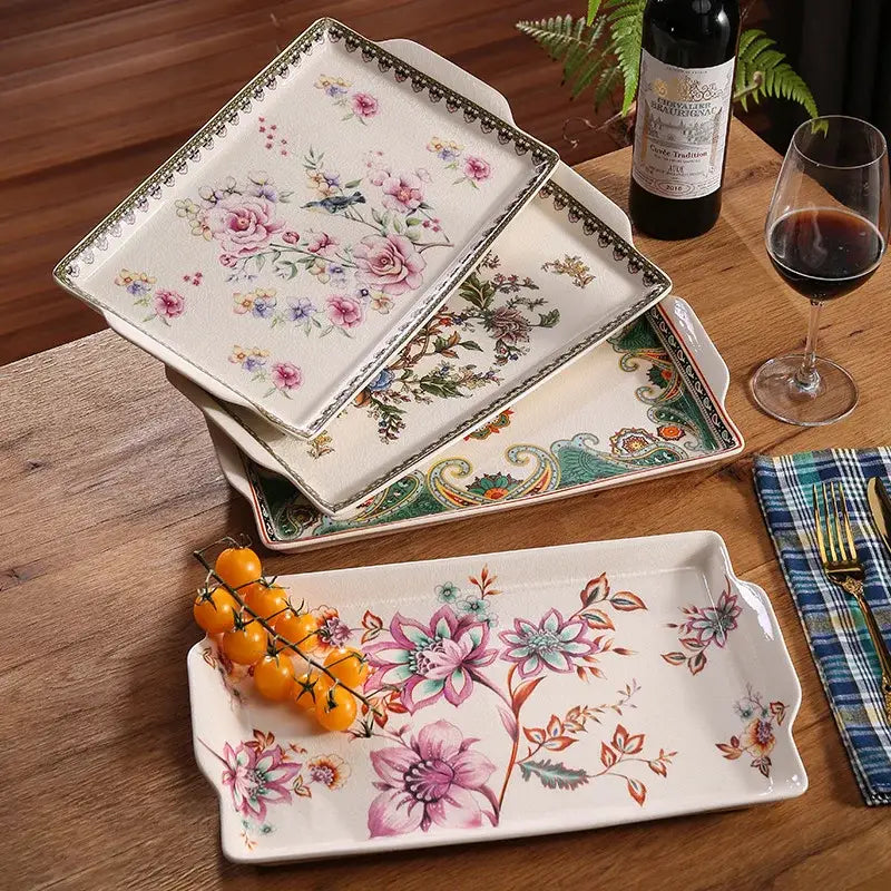 Set of three ceramic ice crack trays with pastel floral patterns in cream for decorbites ice crack kitchen serving