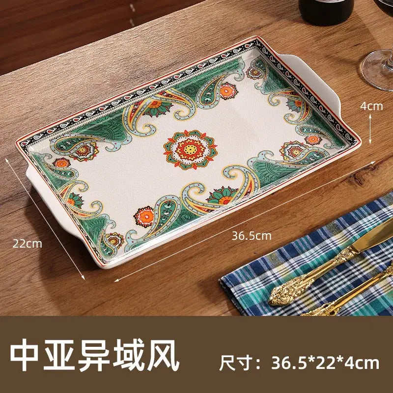 A rectangular ceramic ice crack tray with white base and green orange paisley patterns for decorbites ice crack style