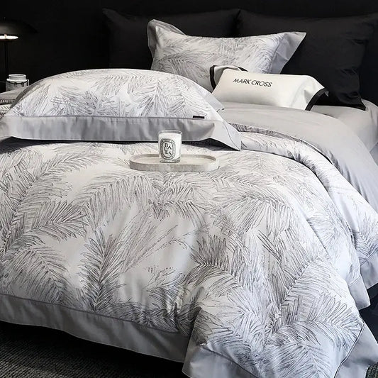 Gray and white palm leaf patterned egyptian cotton bedding set with satin finish for stylish bedroom linen