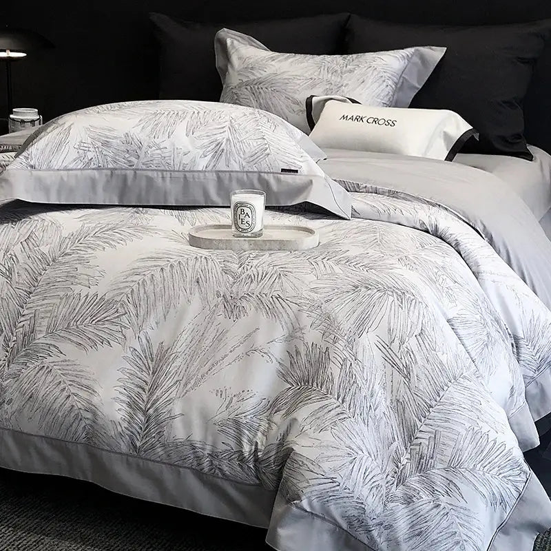 Gray and white palm leaf patterned egyptian cotton bedding set with satin finish for stylish bedroom linen