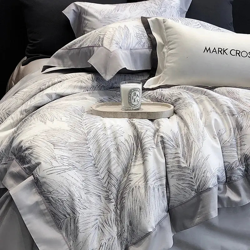 White satin egyptian cotton bedding sets with gray palm leaf pattern and dark gray piping cotton bedding sets
