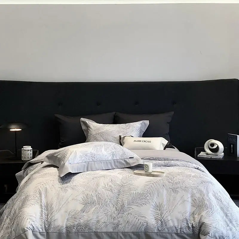 Gray and white feather-patterned egyptian cotton bedding sets with palm leaf design and mark cross logo pillowcase
