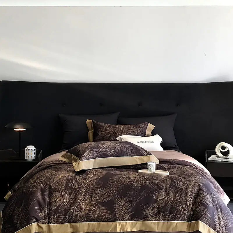 Dark brown and gold leaf-patterned satin bedding set with beige trim in cotton bedding sets for bedroom use