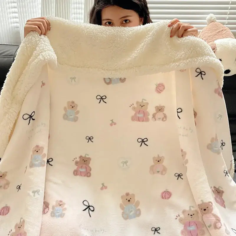 Cream-colored decorbites cozy fleece blanket with pastel teddy bears and black bows soft plush bedroom throw