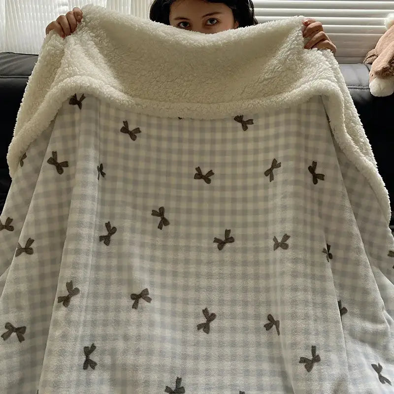 Panda pattern white cozy fleece blanket by decorbites cozy featuring cream fleece with gray gingham and brown bows