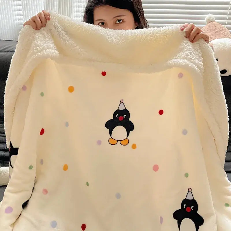 Cream-colored decorbites cozy fleece blanket with black penguin party hats and multicolored polka dots bedroom throw