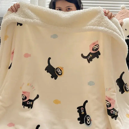 Cream-colored decorbites cozy fleece blanket with black cartoon cats and sherpa texture for bedroom throw decorbites cozy
