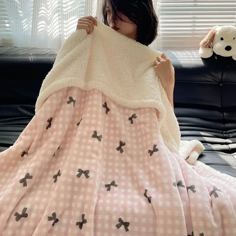 Pink and white checkered panda pattern cozy fleece blanket with brown bows and cream fleece border for bedroom decorbites cozy fleece