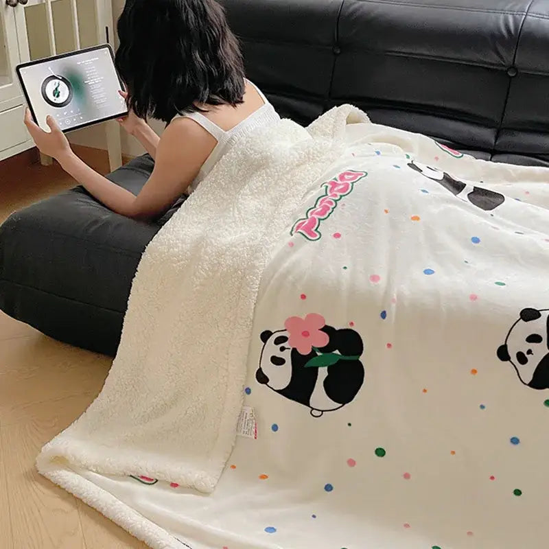 White cozy fleece blanket with playful black panda illustrations pink flowers and polka dots by decorbites cozy fleece