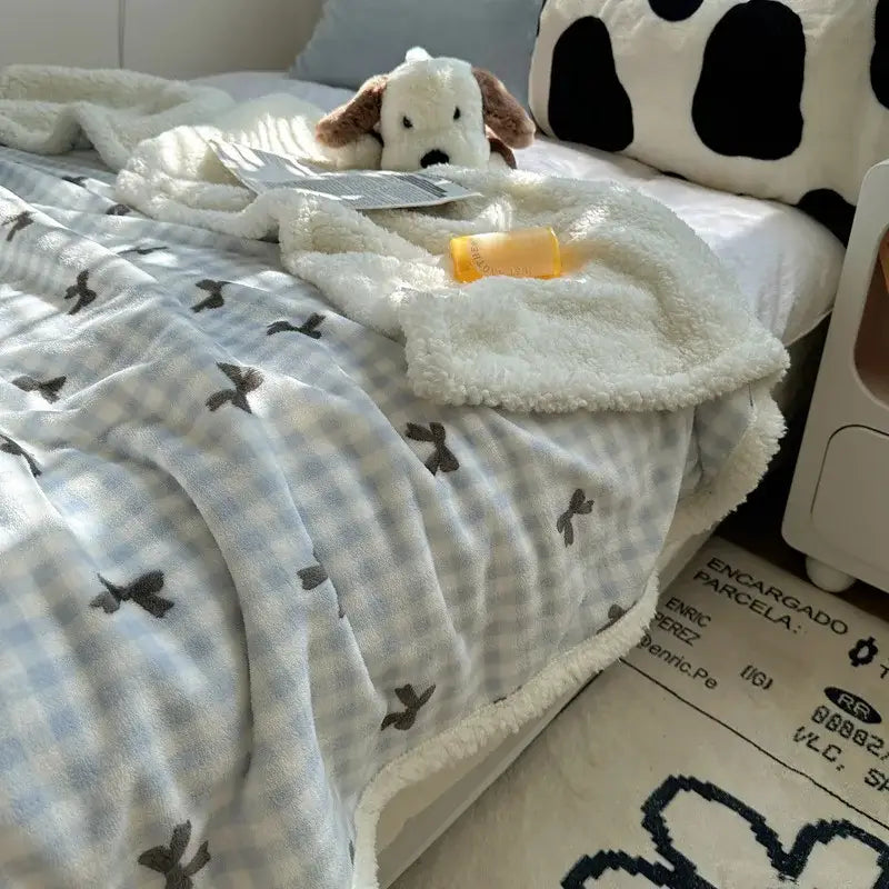 Decorbites cozy fleece blanket with soft white and light blue checkered panda pattern for bedroom decor