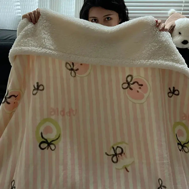Panda pattern white cozy fleece blanket with pink and white striped plush fabric featuring cartoon peach design decorbites cozy fleece