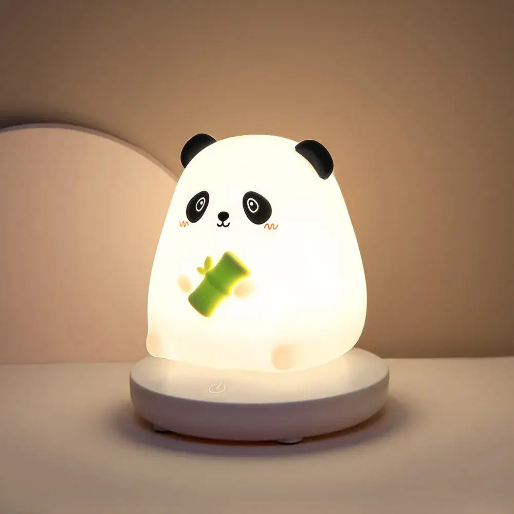Cute white panda-shaped kids animal silicone night light with black ears holding bamboo for decorbites bedroom decor