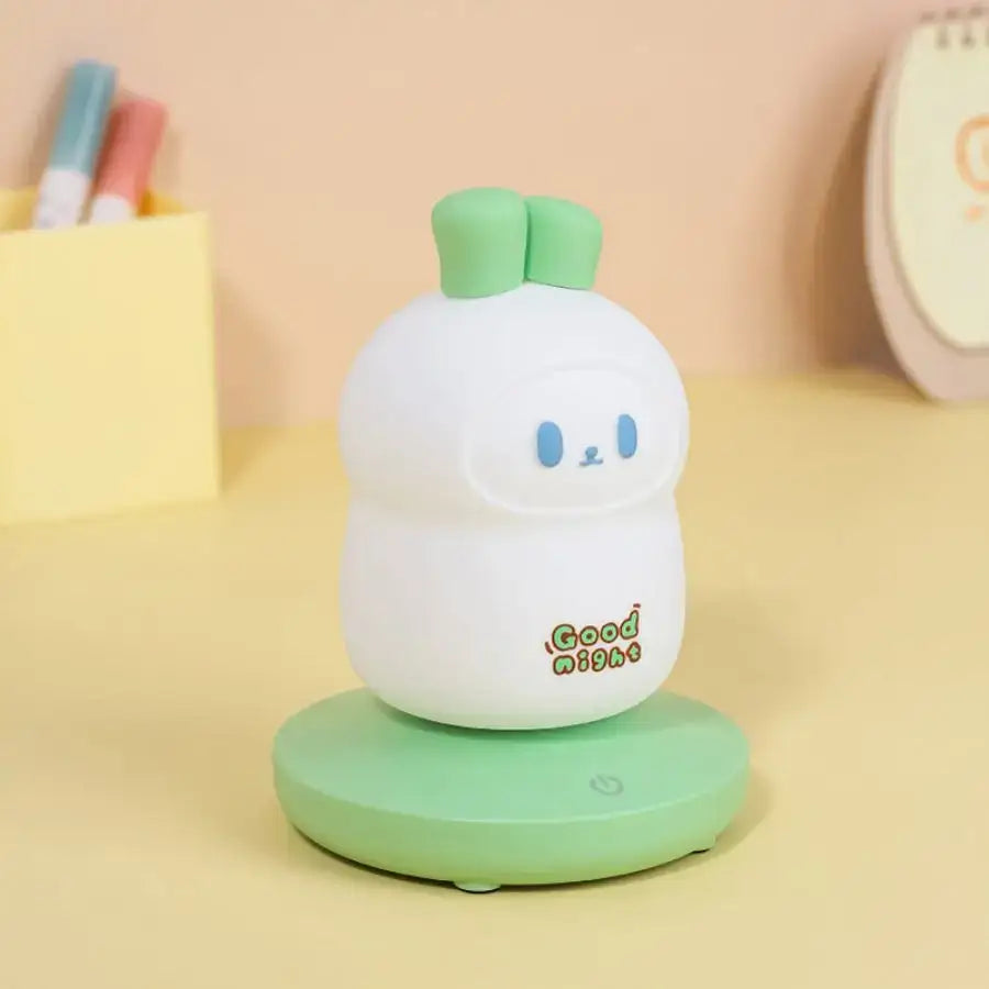 White plush rabbit-shaped kids animal silicone night light with green ears and good night decorbites kids animal decor