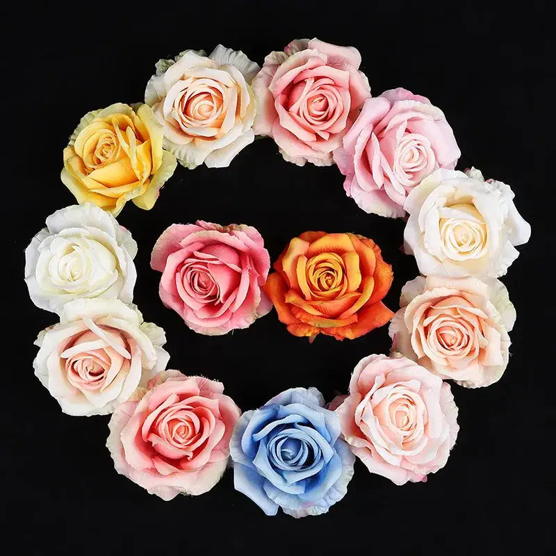 A circular wreath of 30pcs silk roses in pastel pink, peach, white, yellow, and blue for wedding and living room decor