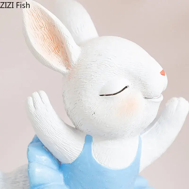 Cute white ceramic ballet rabbit dancer figurine wearing light blue dress for bedroom desk decor with blush cheeks