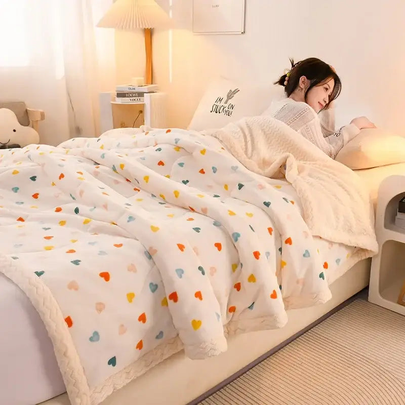 A cozy white beibei velvet warmth blanket with plush texture and multicolored heart patterns in pastel shades