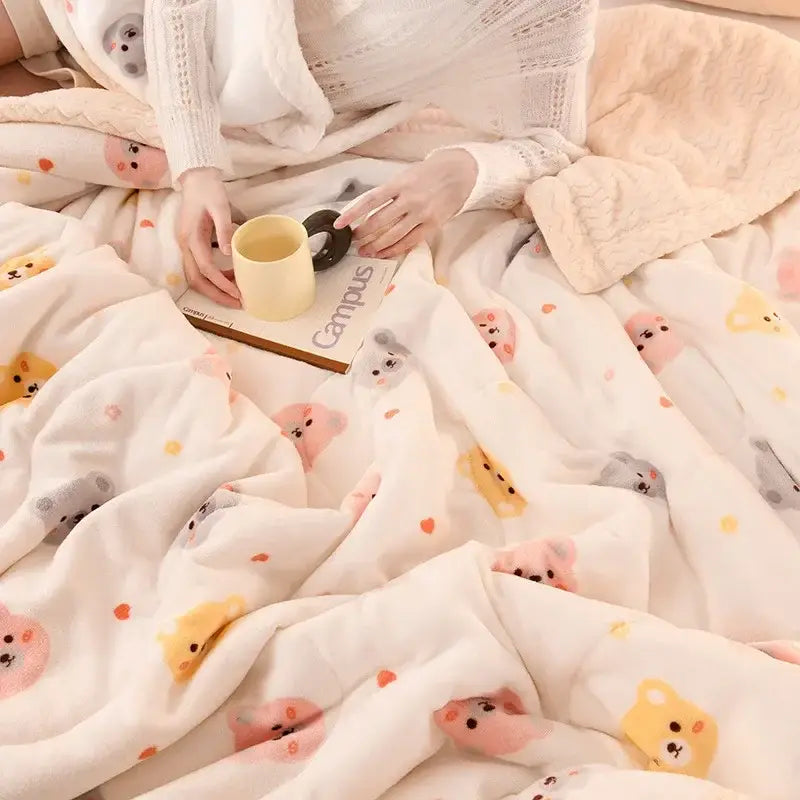 Soft white beibei velvet warmth blanket with pastel pink yellow and gray bear and heart patterns for bedroom use