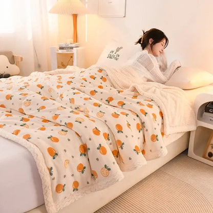 Cream-colored beibei velvet warmth fleece blanket with orange citrus pattern and scalloped edge trim for bedroom use