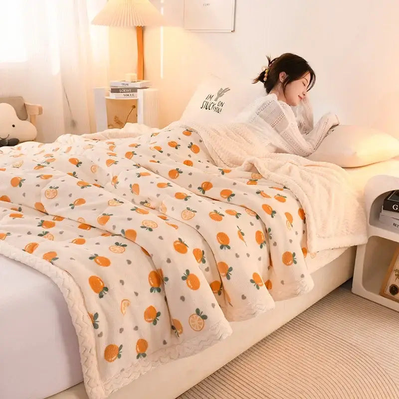 Cream-colored beibei velvet warmth fleece blanket with orange citrus pattern and scalloped edge trim for bedroom use