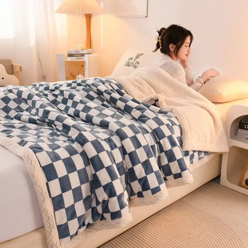 Blue and white checkered beibei velvet warmth blanket with cream fleece trim soft textured fleece throw for bedroom
