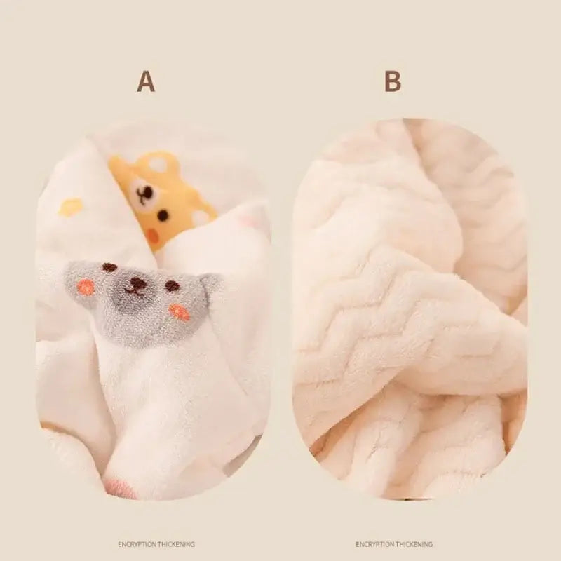 Soft cream-colored plush beibei velvet warmth blanket with embroidered bear faces for cozy bedroom use