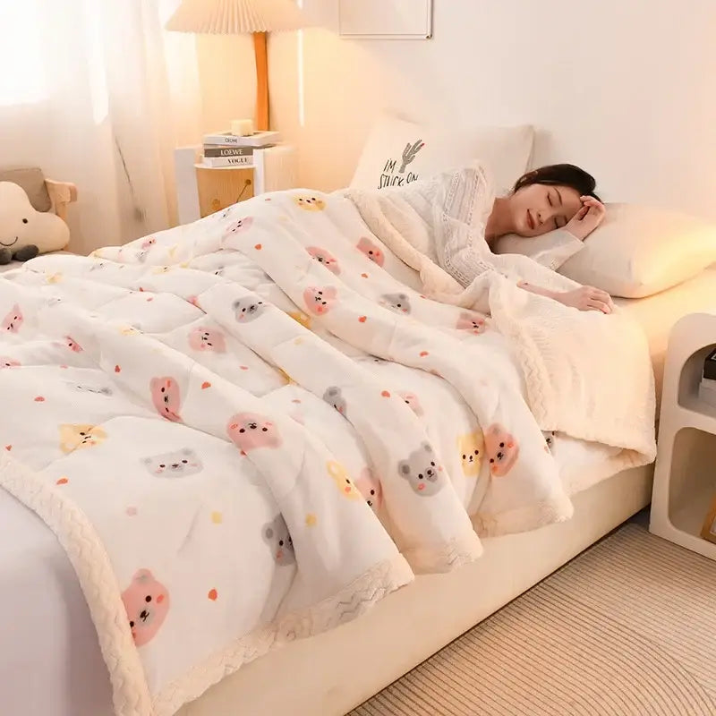 Soft white beibei velvet warmth blanket with pastel bear and heart patterns and plush fleece border for bedroom use
