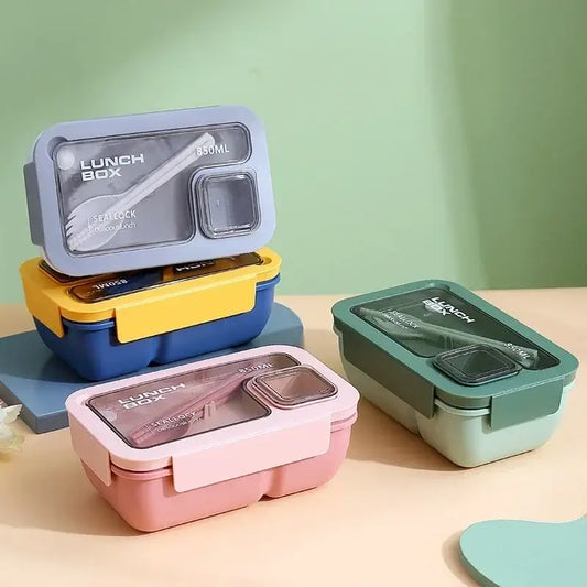 Pastel decorbites bento box set with plastic compartments and transparent lids includes built-in utensils storage