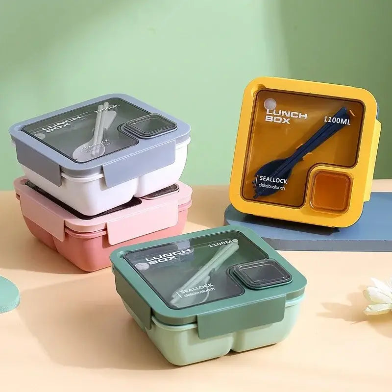 Pastel decorbites bento box set featuring three colorful rectangular plastic lunch boxes with transparent lids and compartments
