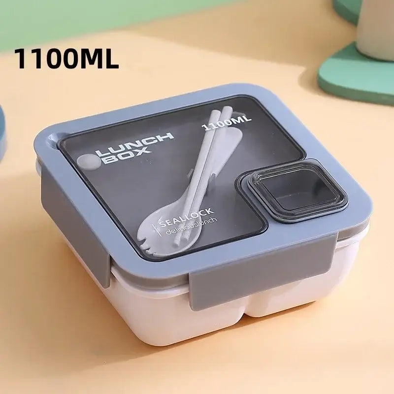 Pastel decorbites bento box set with gray and white plastic lunch box, transparent lid, 1100ml capacity, and utensil compartment