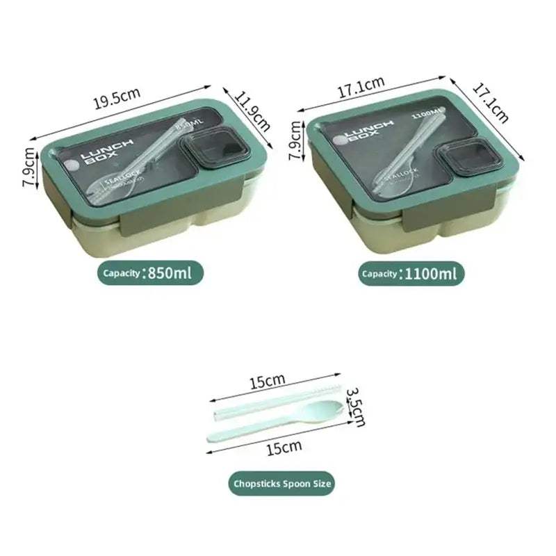 Pastel decorbites bento box set with olive green and beige plastic compartments and clear lid for utensils storage