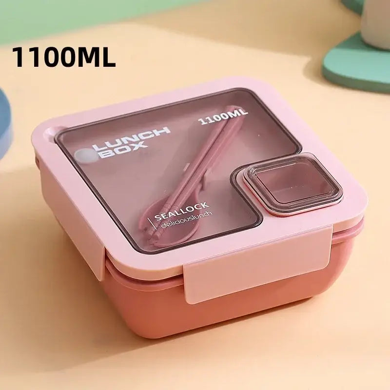 Pink plastic decorbites bento box set with transparent lid built-in spoon 1100ml and small square compartment
