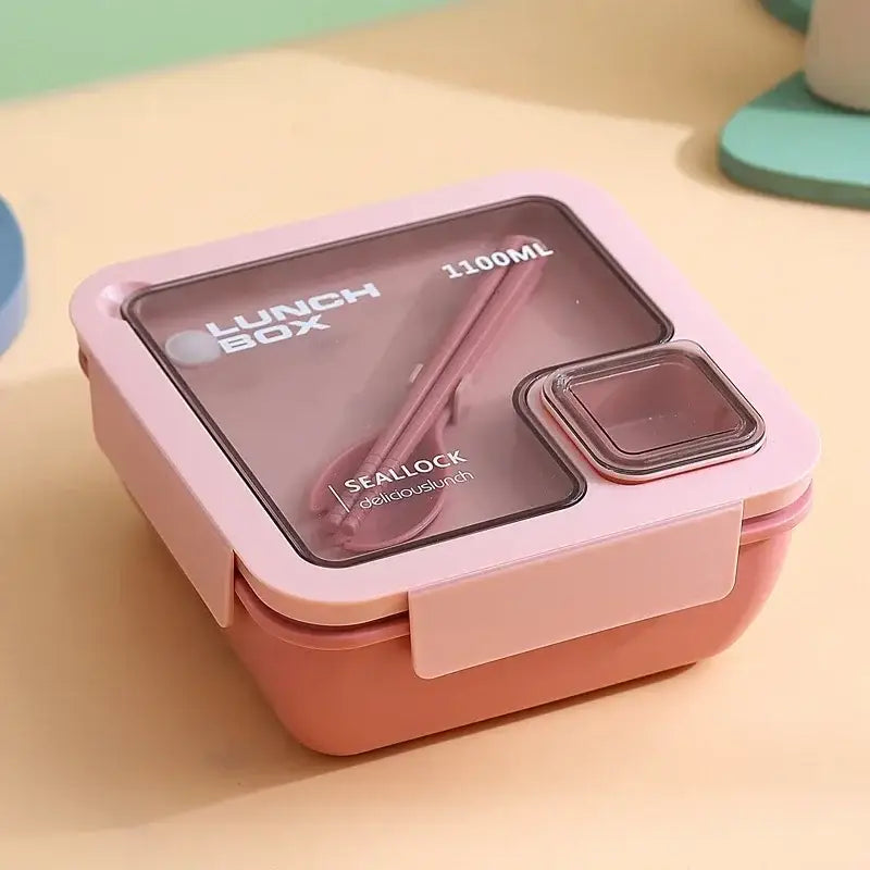 Pink plastic decorbites bento box set with transparent lid and built-in spoon and chopsticks for food storage