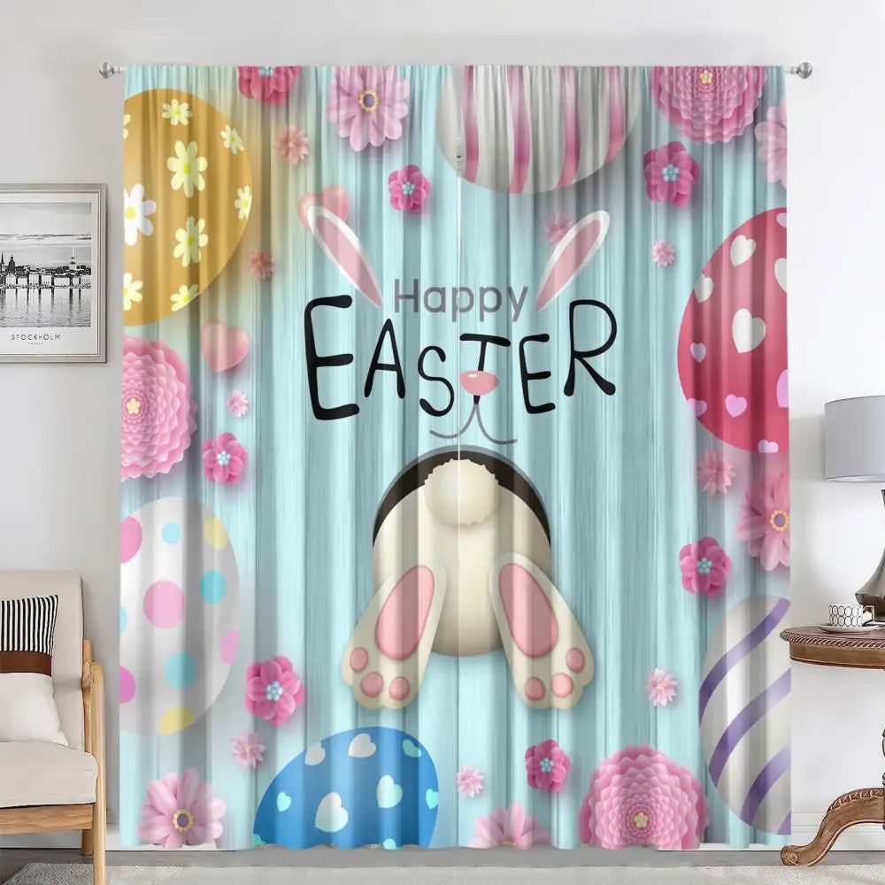 Pastel blue easter curtains with pole pocket featuring cartoon bunny and colorful eggs for living rooms