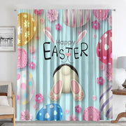 Pastel blue easter curtains with pole pocket featuring cartoon bunny and colorful eggs for living rooms