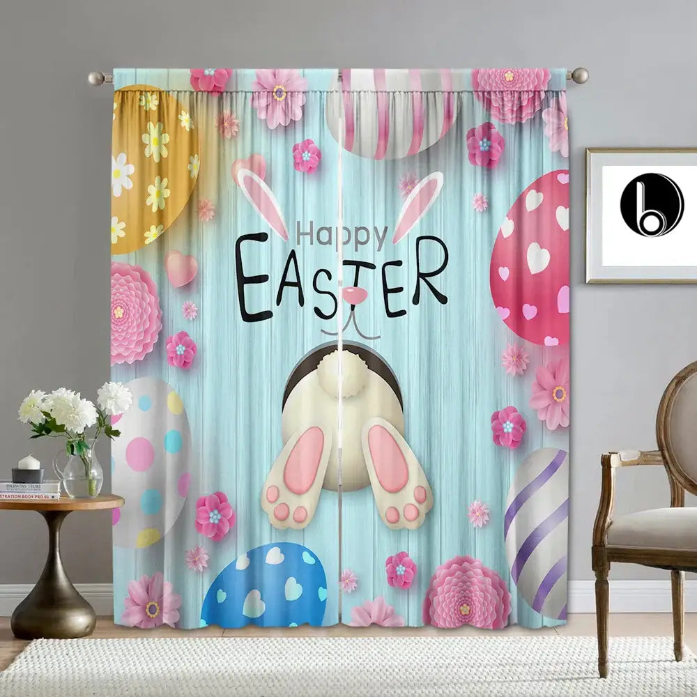 Pastel blue bunny easter curtains with pole pocket featuring cartoon bunny and colorful eggs for living rooms