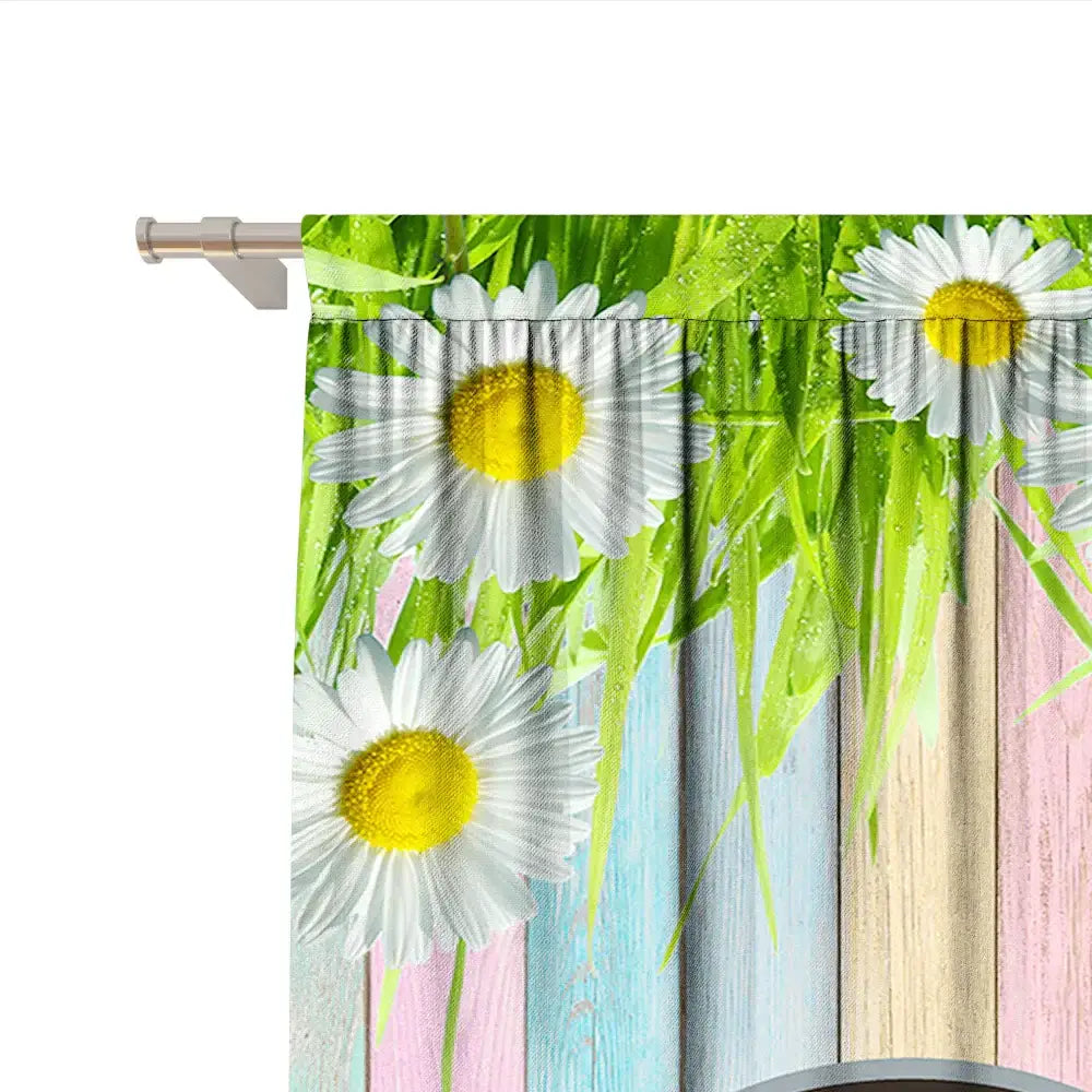 Pastel blue bunny easter curtains with pole pocket featuring white daisies and green grass for living rooms