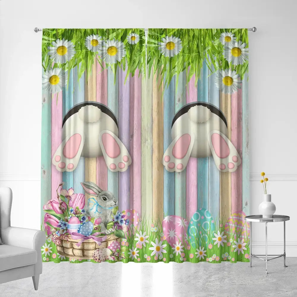 Pastel blue bunny easter curtains with pole pocket featuring bunny paws flowers and eggs on wooden fence for living rooms