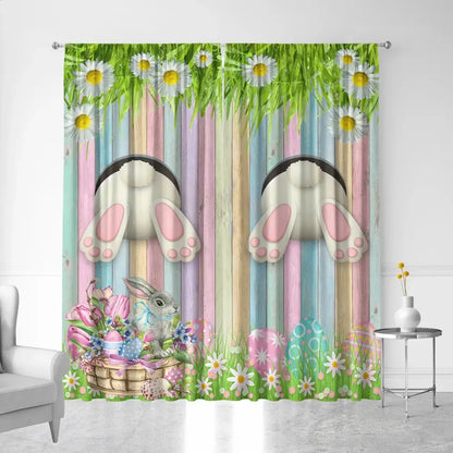 Pastel blue bunny easter curtains with pole pocket featuring bunny paws flowers and eggs on wooden fence for living rooms