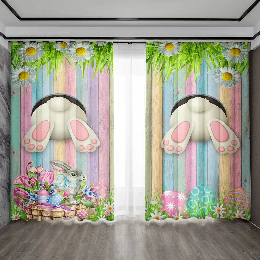 Pastel blue bunny easter curtains with pole pocket featuring whimsical bunny feet daisies and eggs for living rooms