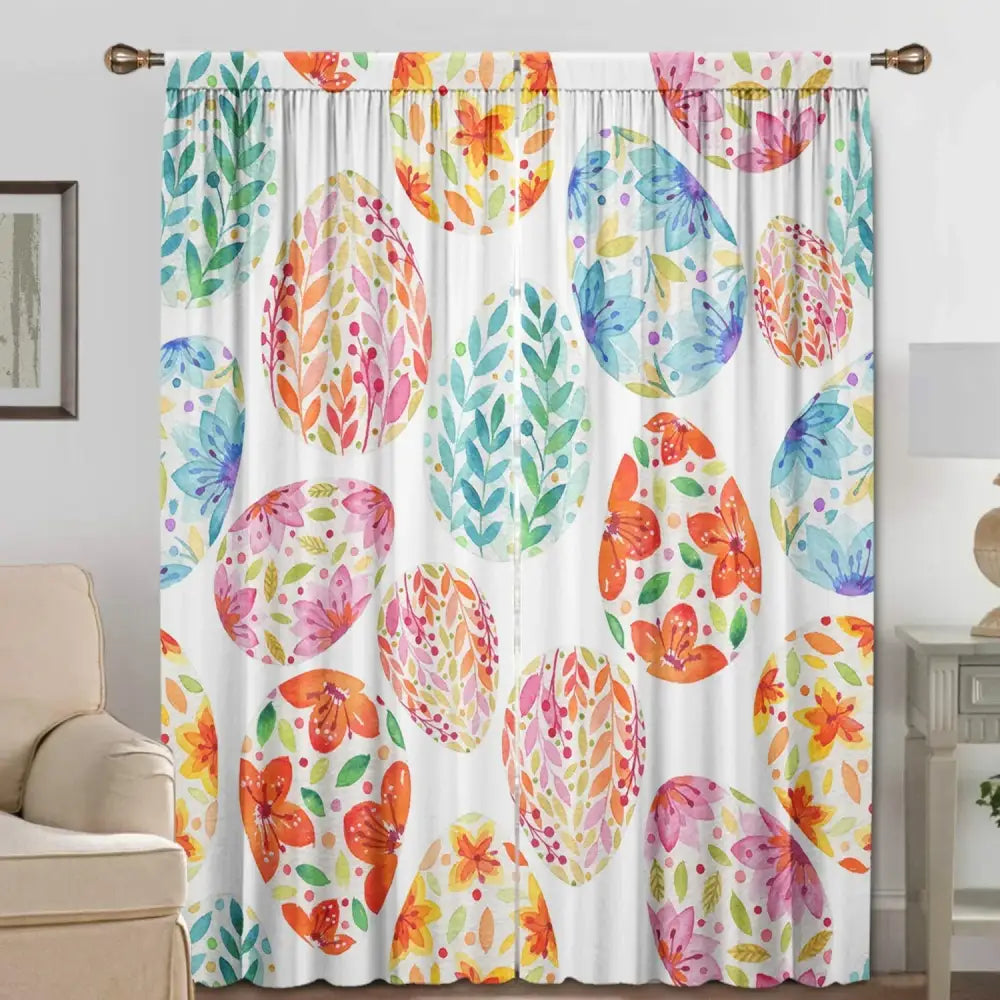 Pastel blue bunny easter curtains with pole pocket featuring watercolor floral easter egg patterns for living rooms