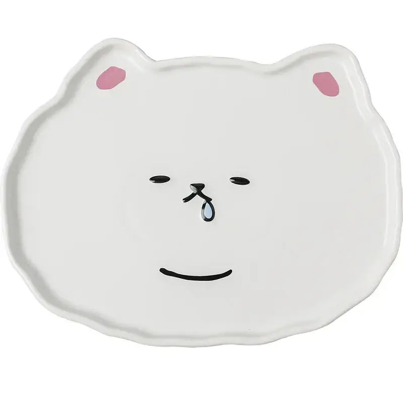 White ceramic bear face plate with pink ears and black features for dining room decorbites cloud tulip tableware