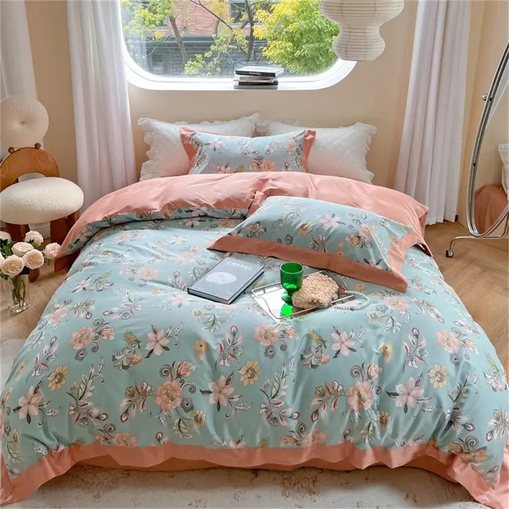 Pastel blue floral bedding set with peach ruffled trim and matching pillowcases from decorbites colorful bedding set