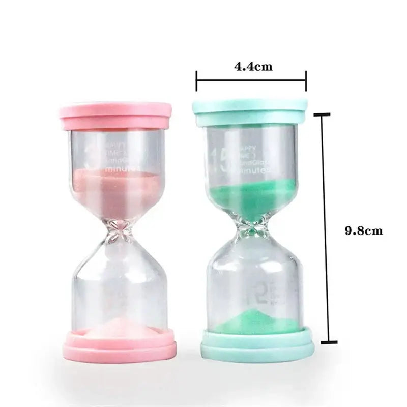 A pastel blue and pink glass sand timer set with silicone tops and colored sand for kids bedroom decor