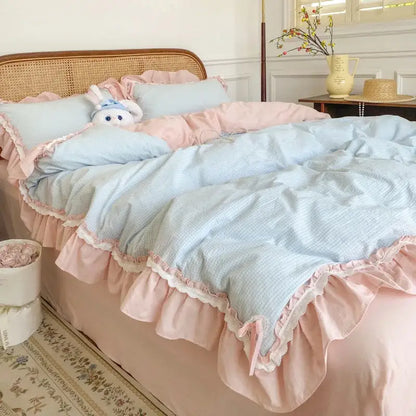 Pastel blue and pink ruffled cotton bedding set with subtle striped pattern blue pink lattice decorbites quilt cover