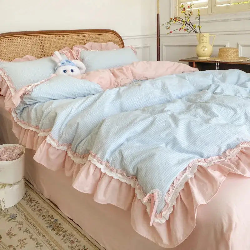 Pastel blue and pink ruffled cotton bedding set with subtle striped pattern blue pink lattice decorbites quilt cover