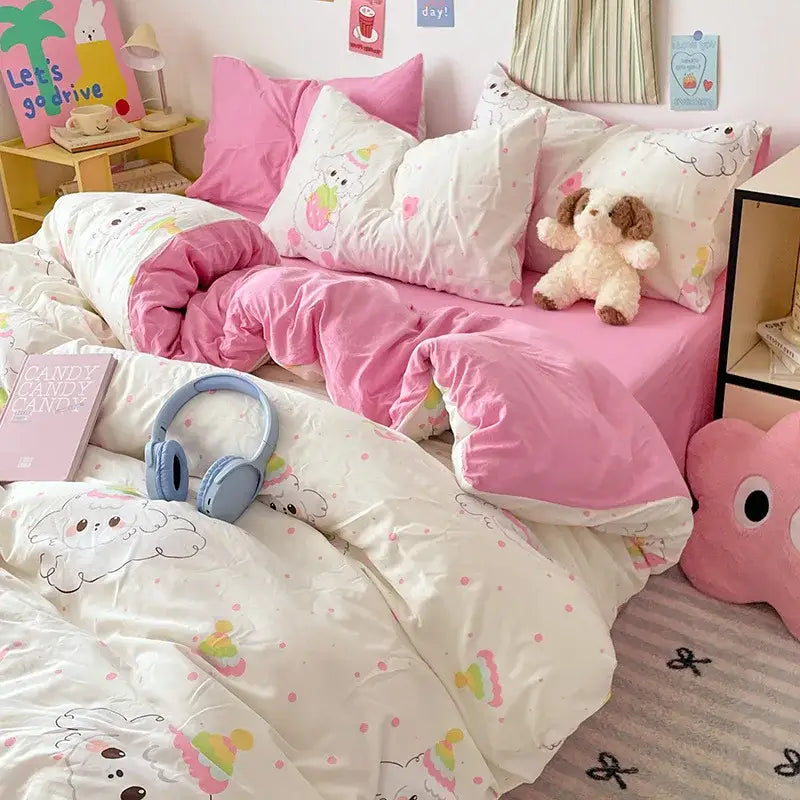 Pink and white pastel blue and white bunny cartoon pattern bed sets with cotton fabric and fluffy stuffed animal accents by decorbites cartoon pattern