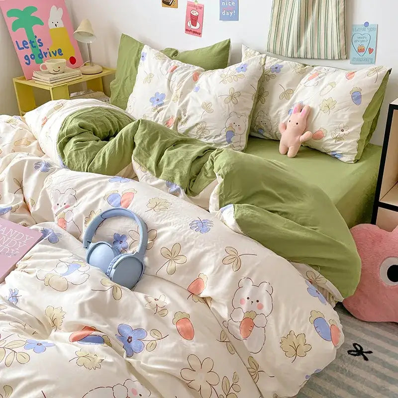Cream-colored cotton bed sets featuring a decorbites cartoon pattern of bears with carrots flowers and leaves in pastel hues