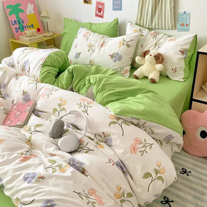 Green and white floral patterned bed sets with soft plush texture featuring decorbites cartoon pattern for bedroom decor
