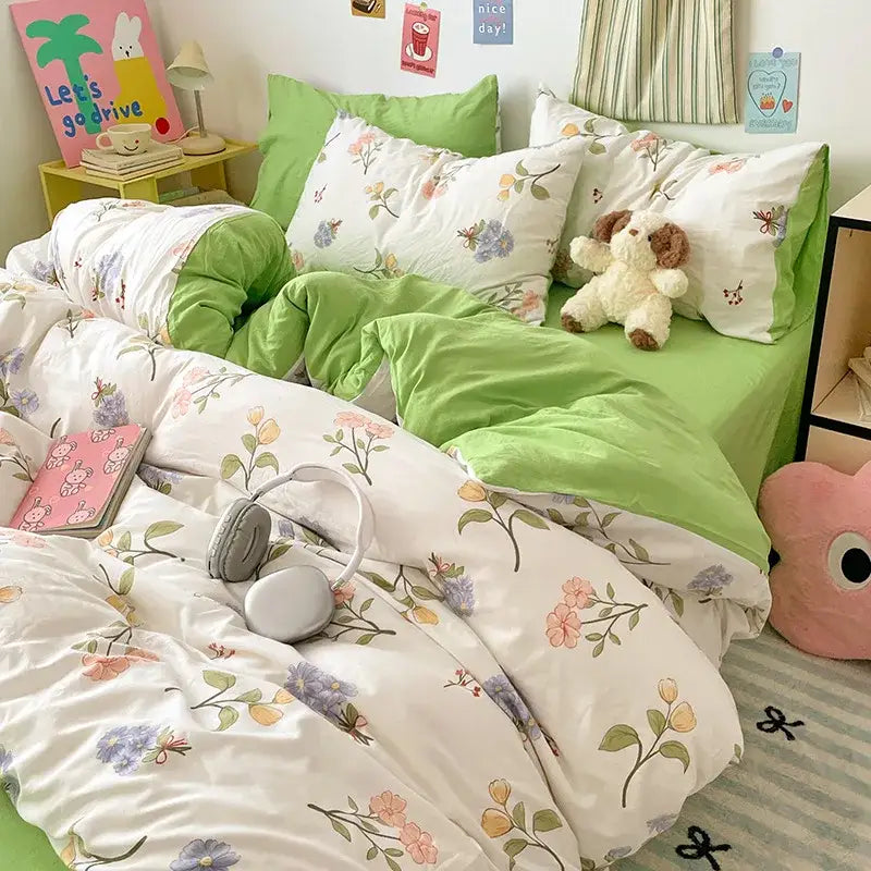 Green and white floral patterned bed sets with soft plush texture featuring decorbites cartoon pattern for bedroom decor