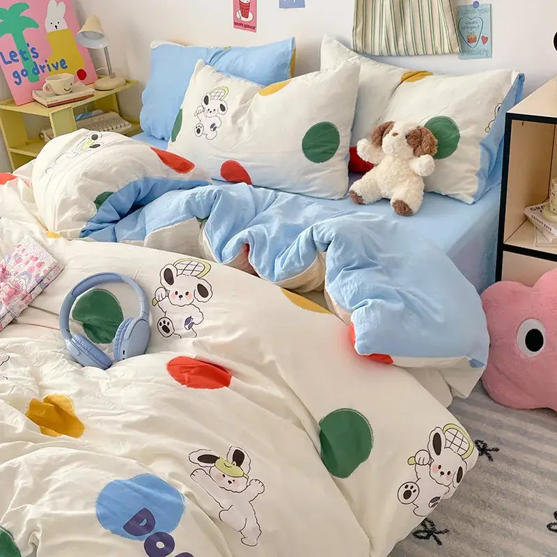 White cotton duvet cover with playful cartoon dog designs and colorful polka dots for decorbites cartoon pattern bed sets